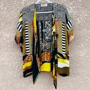 Sterling Styles 100% Silk Sheer Cardigan Cover Up Patchwork Artsy Art‎ to Wear